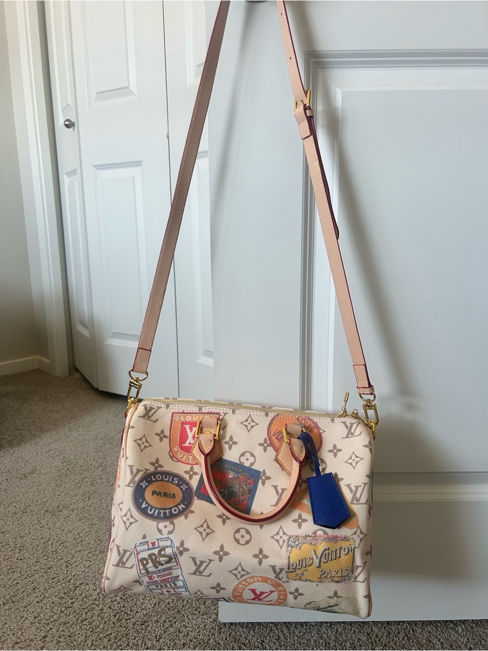Beige Monogram Travel Patch Satchel with Blue Tag and Pink Straps - Picture 2 of 14